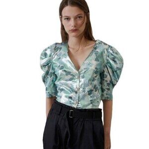 ZARA Crop Blouse Size XS Pale Blue Green Metallic Ornate Buttons Ruched Sleeves
